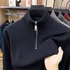 Suéter de malha com meio zíper para homens, camisa base com gola semi-alta, suéter de inverno, camada interna masculina, cor sólida, moletom quente e espesso