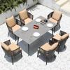 Mesa y silla de patio exterior Terraza Villa silla de ratán simple Ocio Jardín hierro Ratán tejido plástico madera placa de roca mesa de comedor con sombrilla