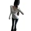 Top Blanco Puro de Escote en V con Hombro Derecho y Mangas Largas para Mujer en Otoño e Invierno Aspecto Sexy que Adelgaza la Cintura Suéter Interior Camiseta Básica Ajustada