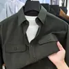 Camisa casual masculina de algodão puro, peso pesado, estilo minimalista japonês, manga longa, corte solto, versátil, camisa de trabalho com bolso duplo, cardigã para primavera e outono