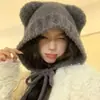 Gorro de Invierno para Mujer Dulce y Lindo con Oso, de Encaje, Cálido, Engrosado, Tejido, para Rostro Pequeño y Circunferencia de Cabeza Grande