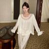 Pijama Feminino de Primavera, Conjunto de Pijama de Renda e Seda Gelada Estilo Palácio Francês, Roupa de Casa de Seda Leve Retro com Gola Quadrada