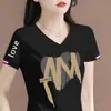 Artículo de marca con excedente de comercio exterior transfronterizo con etiquetas retiradas, camiseta de mujer con cuello en V, manga corta, corte holgado, hombro normal, top de manga corta