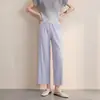Pantalones de Pierna Ancha Finos de Otoño con Pliegues para Mujer Cintura Elástica de Alta Elasticidad Plisados de Color Sólido Adelgazantes de Caída Pantalones de Nueve Puntos Cómodos Versátiles