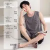 Conjunto de Pijama Masculino de Algodão Puro, Sem Mangas, com Shorts, Fresco para o Verão, Fino, Simples, Casual, Conjunto de Roupas para Casa