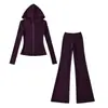 Sudadera con Cremallera de Forro Polar Estilo Americano Chaqueta Ajustada + Pantalones Casuales Acampanados con Cordón de Cintura Alta Conjunto Deportivo