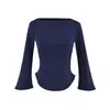 Camiseta de manga tres cuartos, cuello ancho Bardot, para mujer, corte ajustado, suave con la piel, con detalles de encaje y bordado, top