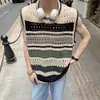 Camiseta de Tricô Sem Mangas Color Block Listrada Estilo Retrô Americano para Homens, Novo Colete de Verão Estilo Coreano