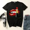 Camiseta 2025 Batom Vermelho Lábios Sexy Estampada Feminina Casual Manga Curta Verão Gola Redonda Tamanho Grande Camiseta Básica