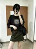 Moletom de algodão dupla face com mangas 3/4 para mulheres, 250g, corte solto, estampado, gola redonda, top de manga de três quartos, proveniente do mercado atacadista da Rua 13 de Guangzhou