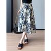 Falda Retro Azul Floral Suave de Tencel Lino para Figuras Pequeñas, Falda de Paraguas de Cintura Alta Línea A L0721H