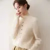 Outono e Inverno Novo Gola Alta Cashmere Escovado Feminino Solto Tricô de Botão Único Camada Base Lã Cor Sólida Suéter