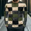Camiseta de Manga Larga con Estampado Cuadros Geométricos para Hombre, Pulóver Casual de Cuello Redondo con Estampado Floral Radial Europeo y Americano, Camiseta Base para Primavera y Otoño