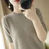 Suéter fino de tricô feminino customizado de fábrica, gola redonda, cor sólida, pulôver, top estiloso de manga curta, suéter de outono para mulheres