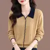 Top de Malha Elegante com Gola Reversível para Mulheres, Moda Outono 2026, Novo Estilo, Elegante, Rejuvenescedor, Color-Block, Caimento Solto, Esconde a Barriga, Camada Base, Tendência