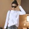 Camiseta base blanca de cuello medio alto, corte holgado, para mujer, nuevo estilo primavera y otoño 2026, casual, manga larga, algodón puro, talla grande, top que cubre el abdomen