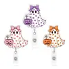Corbata de moño de Halloween, fantasma pequeño, lengüeta de tirar, calabaza colorida, clip retráctil para insignia, insignia de identificación de enfermera, etiqueta de nombre, tarjeta de identificación