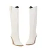Tamanho 34-48 Versátil Super Salto Alto Botas de Couro Outono e Inverno Bico Fino Cor Sólida Pu Botas de Salto Alto Cruzamento de Fronteira Tamanho Grande Botas Femininas Salto Quadrado