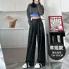 Pantalones de Cuero Negros para Mujer Otoño Nuevo Estilo Petite Cintura Alta Casual Pierna Recta Sueltos Pierna Ancha Pantalones Largos hasta el Suelo