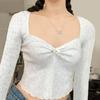 Top Cuadrado de Encaje Geométrico Plegado Estilo Francés 2024 para Mujer, Top Corto Dulce y Picante Sexy de Otoño, Camiseta de Manga Larga Ajustada