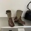 Nuevas botas de cowboy de estilo europeo para mujer hasta la pantorrilla con hebilla de cinturón, combinación de lona y cuero, tacón grueso, botas apiladas de estilo western