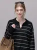 Tricô casual de outono, soltinho, com blocos de cor e listras, com gola de lapela