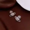 Brincos Saturno de Prata Coreana com Zircônia e Pérola, Brincos de Tarraxa Doces Simples Versáteis, Brincos de Nicho de Luxo Leve para Mulheres