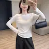 Camiseta 26 Otoño Lyocell Lana de Oveja, dobladillo minimalista con bordes festoneados, cuello redondo, manga larga, top interior para mujer