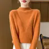 Suéter de Lã Grossa Tamanho Grande Pronto para Vestir Gola Alta Meia Manga Jacquard Feminino Visual Emagrecedor Solto Camisa Básica de Lã Versátil