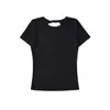 Atacado de Roupas Femininas Transfronteiriças Estilo Europeu e Americano Laço Decote Redondo Sem Costas Slim Camiseta de Manga Curta Ombro Direito Feminino Lindo Top Costas
