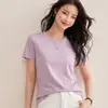 Camiseta Ace de Algodão com Toque de SedaAlgodão de Fibra Longa Ombro Normal Manga Curta Branca Pura para Mulheres, Gola Redonda, Top Camiseta de Toque Fresco de Alta Qualidade