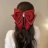 2026 Nuevo Estilo Pinza para el Cabello con Lazo Grande de Terciopelo Rojo, Accesorio para el Cabello para Niñas, Tocado de Princesa Nupcial de Borla de Alta Gama