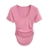 Camiseta de Manga Corta con Escote en U, Cintura Fruncida y Dobladillo Curvo, Estilo Puro Deseo, Color Rosa Sakura de Moda, Top Ajustado para Mujer en Verano