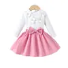 Baoxin Transfronteiriço Europeu e Americano Primavera Novo Floral Branco Manga Longa Blusa Laço Vestido Princesa Elegante Conjunto de Moda