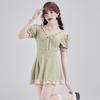 Nuevo traje de baño de una pieza para mujer, color sólido, estilo británico, traje de baño de Corea del Sur, lindo traje de baño de encaje, cintura, elegante vestido