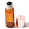 Botella dispensadora de aceite de ricino de vidrio ámbar de 50 ml, botella aplicadora roller de jade cristal rosa natural, botella aplicadora roller de cuarzo rosa
