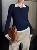 2025Ss [Textura del Tiempo] Suéter Polo Clásico de Color Contrastante para Mujer, Top Elegante de Moda