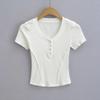 Camiseta Feminina Elegante Slim com Cintura em Espinha de Peixe Europeia, Nova Moda Primavera e Outono, Estilo Ocidental, Gola Redonda, Camiseta Básica