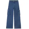 Jeans workwear azul transfronteiriço estilo americano lavado com bolsos patch tridimensionais para mulheres, novo modelo do início do outono de 2026, solto e texturizado, casual