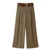 Calça Feminina de Cintura Alta, Perna Larga Solta, Duas Cores, com Cinto, Cor Sólida Versátil Casual Longa, Estilo Europeu e Americano