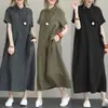 Vestido de lino suelto estilo coreano de verano, ropa para mujer de talla grande, falda acampanada elegante, camisa de manga corta, vestido largo de algodón y lino
