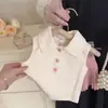 Roupas Infantis Coreanas Meninas Estiloso Gola Polo Sem Manga Colete Camiseta + Saia Plissada Rosa Conjunto de Duas Peças da Moda