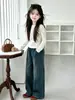 Pantalones Curvos Estilo Retro Americano para Niñas 2026 Nuevo Estilo Otoño para Niños Mayores, Bolsillo Trasero en Relieve Pantalones de Pierna Ancha, Pantalones Harem, Pantalones Largos