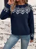 Suéter de punto jacquard con cuello redondo para mujer, nuevo estilo otoño e invierno, con estampado Fair Isle, estilo holgado y casual