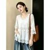 Top de encaje bordado estilo resort francés talla grande 2026 para mujer, chic de verano, rejuvenecedor, versátil, protector solar, camisa fina
