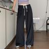 Pantalones Rectos Casuales Simples de Combinar con Todo para Mujer con Correa Rayada, Puntadas de Color Contrastante, Diseño de Cintura con Sentido