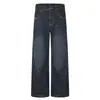 Jeans de calle estilo americano azul oscuro 11KN para hombre y mujer, corte holgado con diseño de patchwork de cuero, pantalones rectos anchos casuales únicos