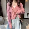 Suéter de otoño para mujer con un diseño elegante y original, cuello en V, largo corto, top de manga larga, cárdigan de punto versátil, chaqueta holgada estilo boyfriend