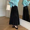 Nova Saia Longa Estampada de Veludo com Bolinhas Estilo Francês Outono/Inverno para Mulheres, Cintura Elástica, Patchwork em Camadas