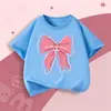 Camiseta de Manga Corta para Niña 2026 Nuevo Estilo Ropa Infantil Algodón Puro Verano Manga Media Top para Niña Azul Verano